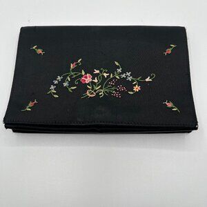 Vintage Small French Black Embroidered Floral Satin Clutch Purse Evening Bag